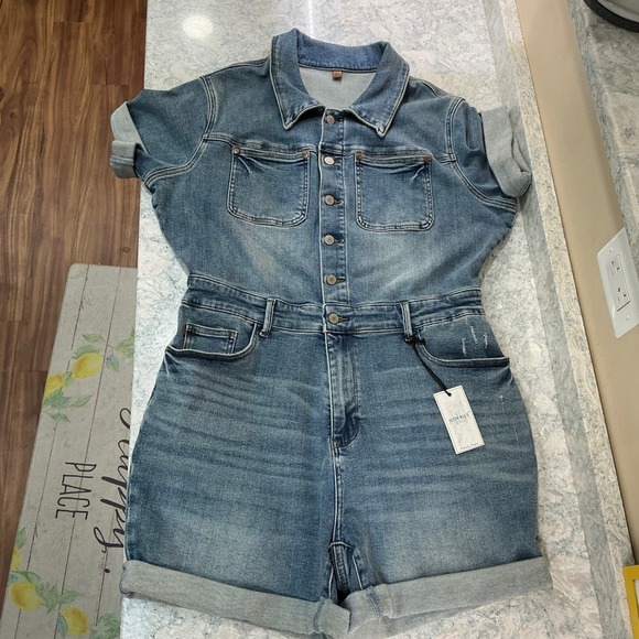 Judy Blue Denim Romper JB150244 MD 1XL Medium Blue Button Front Distressed Short - Picture 7 of 14